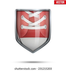 Bright metallic shield in the running shoes inside. Editable Vector Illustration isolated on white background.