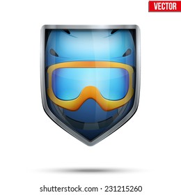 Bright metallic shield in the ski helmet and goggles inside. Editable Vector Illustration isolated on white background.