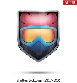 Bright metallic shield in the ski helmet and goggles inside. Editable Vector Illustration isolated on white background.