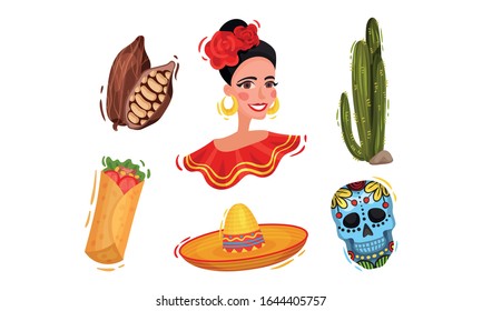 Bright Mexican Attributes and Symbols with Sombrero Hat and Woman Wearing National Clothing Vector Set