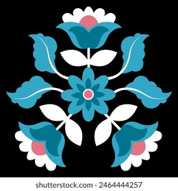 Bright Mexican embroidery pattern of flowers and leaves on a black background 