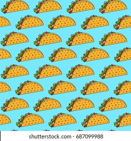 Bright mexican fast food seamless pattern with tacos on blue background. Nice spanish fast food texture for textile, wallpaper, background, cover, banner, bar and cafe menu design
