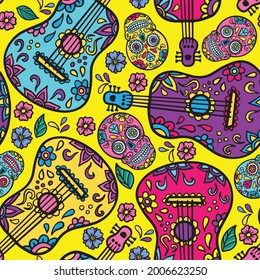 Bright mexican festive background and guitar  sugar skulls  The day the Dead  Seamless vector pattern for textile  fabric  t shirt   post card   more
