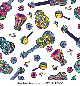 Bright mexican festive background with guitar, sugar skulls. The day of the Dead. Seamless vector pattern for textile, fabric, t shirt , post card and more
