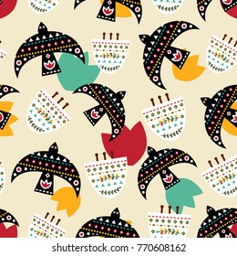 Bright Mexican folk seamless pattern in flat design. Vector illustration