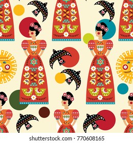 Bright Mexican folk seamless pattern in flat design. Vector illustration