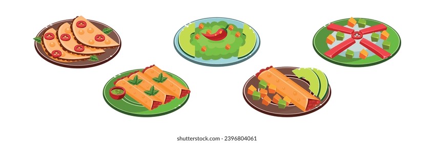 Bright Mexican Food and Dish Served on Plate Vector Set