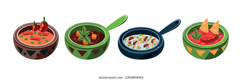 Bright Mexican Food and Dish Served on Plate Vector Set