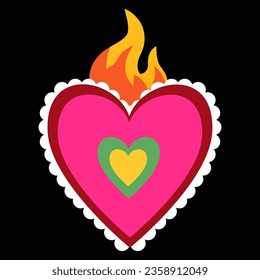 Bright Mexican heart embroidery with fire