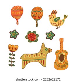 Bright Mexican items. Maracas, guitar, flowers, bird, pe ata on a white background. Mexican holidays. Vector illustration