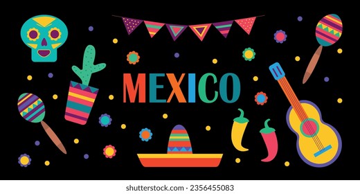 Bright Mexican set on a black background in flat style. Vector illustration.