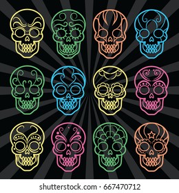 Bright mexican skulls collection. Vector decorative sugar mexican sculls