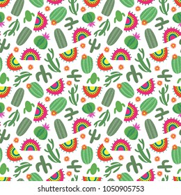 Bright mexican style seamless pattern background with cactus flowers and tradtional carpets. Vector illustration