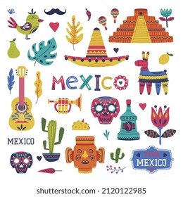 Bright Mexico Elements and Symbols with Pinata and Sombrero Hat Vector Set