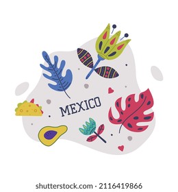 Bright Mexico Object with Flower, Avocado and Tortilla Element Vector Composition