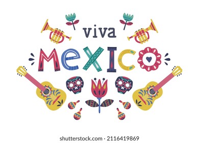 Bright Mexico Object with Flower, Guitar and Skull Element Vector Composition