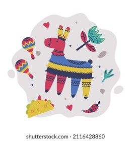 Bright Mexico Object with Flower, Maraca and Pinata Element Vector Composition