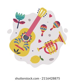 Bright Mexico Object with Guitar, Maraca and Trumpet Element Vector Composition