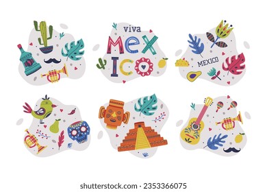 Bright Mexico Object with Guitar, Skull and Tequila Element Vector Composition Set