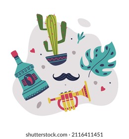 Bright Mexico Object with Peppery Drink Bottle, Cactus and Trumpet Element Vector Composition