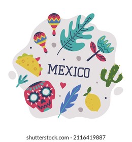 Bright Mexico Object with Skull, Cactus and Maraca Element Vector Composition