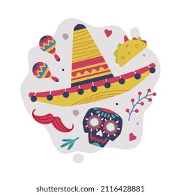 Bright Mexico Object with Sombrero Hat and Skull Element Vector Composition