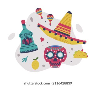 Bright Mexico Object with Sombrero, Skull and Peppery Drink Element Vector Composition
