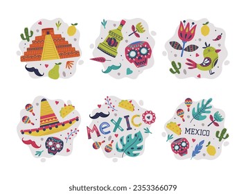 Bright Mexico Object with Tequila, Skull and Sombrero Hat Element Vector Composition Set