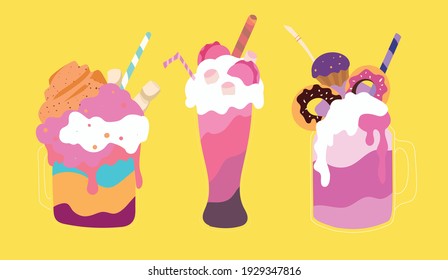 Bright milk freakshakes on a yellow background