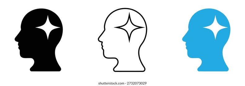 Bright Mind Icon Set - Human Head with Sparkle Idea Symbol

