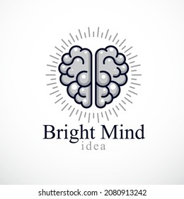Bright Mind vector logo or icon with human anatomical brain. Thinking and brainstorming concept.