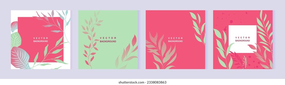 Helle minimale Hintergründe mit Blättern. Textur auf Rosa und Grün. Bearbeitbare Vektorvorlage oder -karte, Banner, Einladung, Social-Media-Post, Poster, Web-Werbung