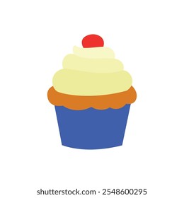 Bright and minimal cupcake illustration with yellow frosting, a red cherry, and a blue wrapper. Ideal for bakery branding, dessert menus, party invitations, and creative projects.