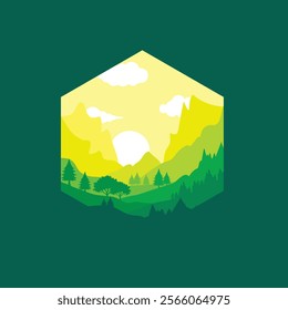 Bright Minimalist Landscape Illustration of Mountains and Sunrise. Perfect for eco-friendly themes, outdoor branding, wallpapers, posters, and environmental projects.