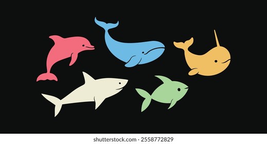 Bright, Minimalist Marine Animal Icons on Black Background