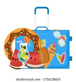 Bright, minimalist vector image, object that capture the spirit of summer, summertime, summer colors: fruits, sunglasses, tropical leaves, cocktails. Design concept
