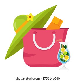 Bright, minimalist vector image, object that capture the spirit of summer, summertime, summer colors: hat, cocktails, bag. Design concept