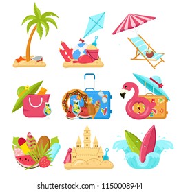 Bright, minimalist vector images, objects that capture the spirit of summer, summertime, summer colors: flamingo inflatables, ice cream, fruits, sunglasses, tropical leaves, cocktails. Design concept