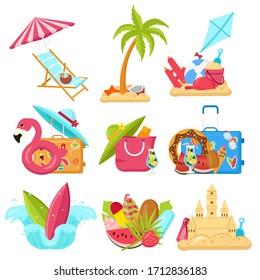 Bright, minimalist vector images, objects that capture the spirit of summer, summertime, summer colors: flamingo inflatables, ice cream, fruits, sunglasses, tropical leaves, cocktails. Design concept