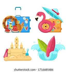 Bright, minimalist vector images, objects that capture the spirit of summer, summertime, summer colors: flamingo inflatables, ice cream, fruits, sunglasses, tropical leaves, cocktails. Design concept