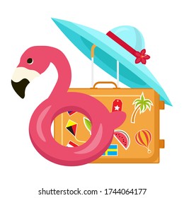 Bright, minimalist vector images, objects that capture the spirit of summer, summertime, summer colors: flamingo inflatables, ice cream, fruits, sunglasses, tropical leaves, cocktails. Design concept