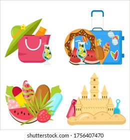 Bright, minimalist vector images, objects that capture the spirit of summer, summertime, summer colors: flamingo inflatables, ice cream, fruits, sunglasses, tropical leaves, cocktails. Design concept