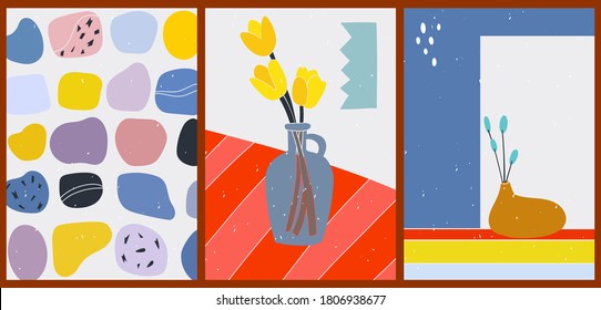 Helle minimalistische Kontrastposter. Eine Reihe von modernen Hintergründen für Ihre sozialen Medien, Geschichten. Cartoon süße Illustrationen mit Vase, Blumen, Steinen, geometrischen Formen, Punkten und Streifen.