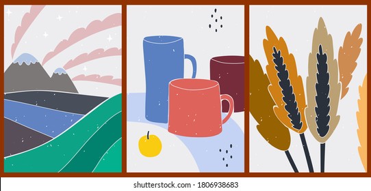 Bright minimalistic contrasting posters. A set of modern backgrounds for your social networks, stories. Cartoon cute illustrations with ceramic mug, dried flowers, apple, mountains landscape.