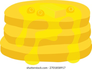 “Breakfast Gold” es una ilustración luminosa y minimalista de una pila dorada de panqueques que gotean con jarabe y se cubren con mantequilla. 
