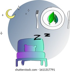 Bright minimalistic illustration showing the effect of a vegetarian or vegan diet on a good sleep