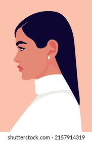 Bright minimalistic portrait of young girl in profile. Dark hair, red lips and ear piercings. Simple avatar.