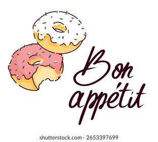 Bright minimalistic postcards with sweet pastries "bom appetit". For a gift, posters for the kitchen, restaurant, coffee shop. White background
