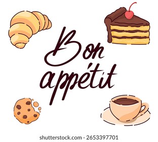 Bright minimalistic postcards with sweet pastries "bom appetit". For a gift, posters for the kitchen, restaurant, coffee shop. White background