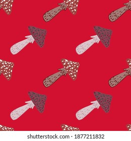 Bright minimalistic seamless pattern with hand drawn magic mushrooms ornament. Forest food print. Decorative backdrop for fabric design, textile print, wrapping, cover. Vector illustration.
